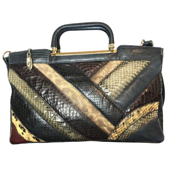 Vintage Clutch / Shoulder Envelope Bag Navy Blue & Tan Snakeskin Patchwork - Picture 3 of 10